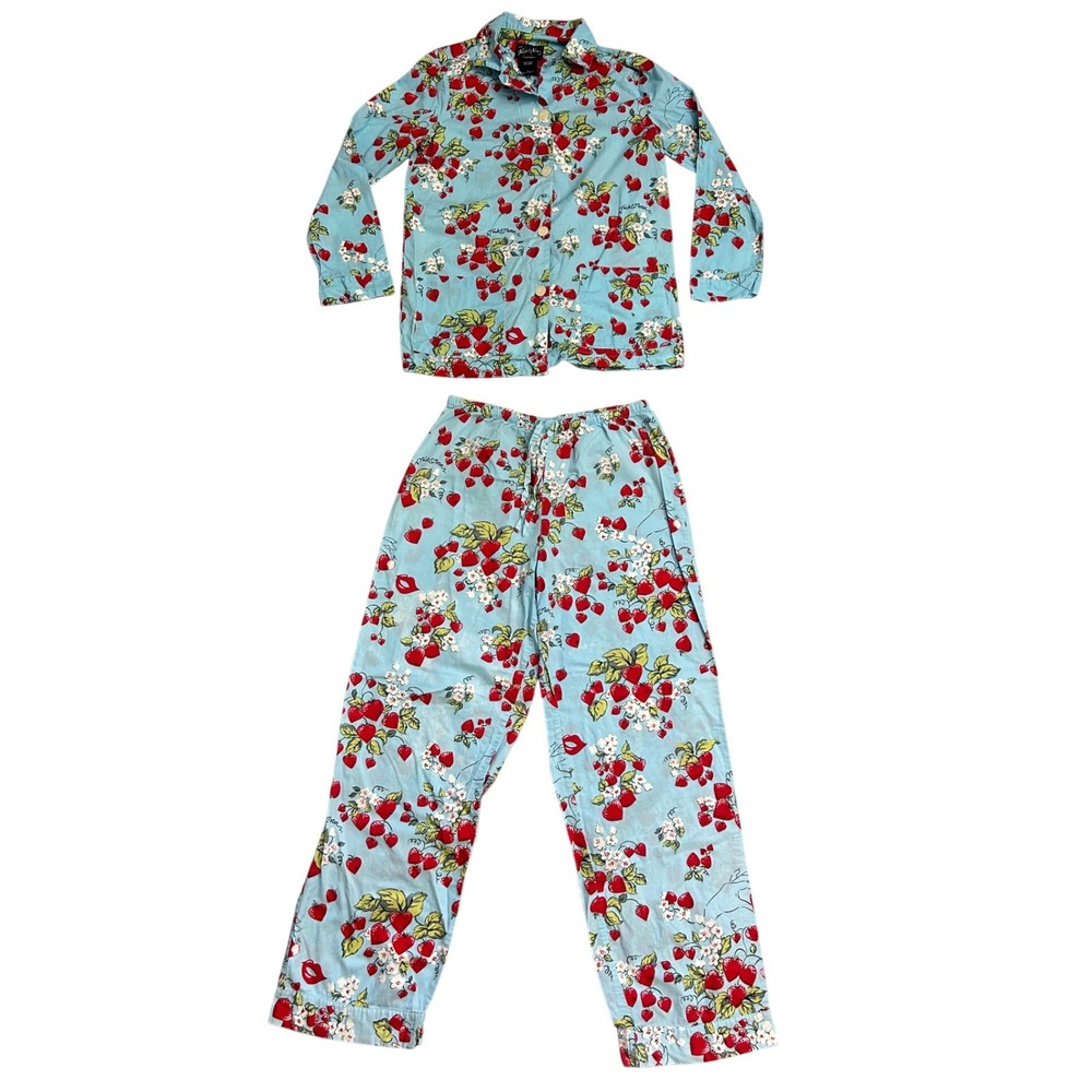 Nick & Nora Blue Strawberry kiss Fruit Print Cotton Pajama Set S Long Sleeve